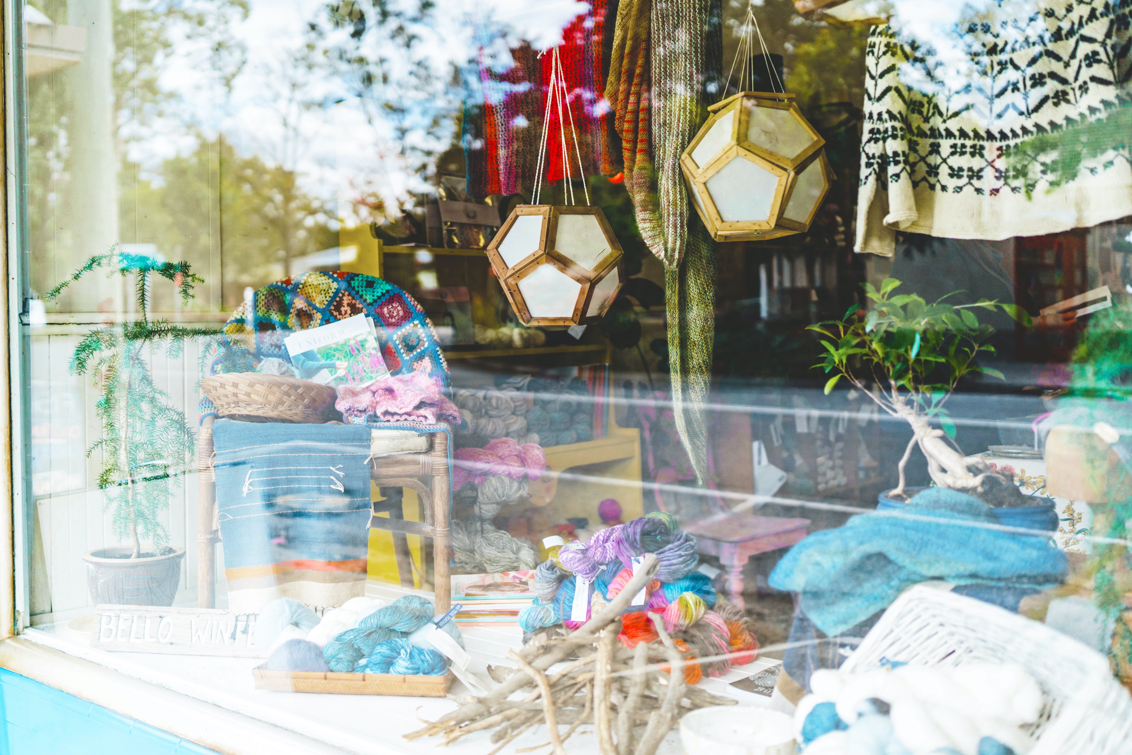 Looking through the front window in the Weave store, Bellingen NSW